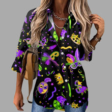 Load image into Gallery viewer, 🎭 Mardi Gras Women's V-Neck Long Sleeve Carnival Print Shirt
