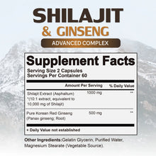 Load image into Gallery viewer, Shilajit &amp; Ginseng Supplement - Provides Energy and Endurance, Enhances Brain &amp; Memory, Immune Support - 120 Capsules
