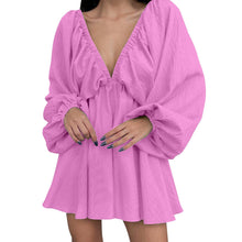 Load image into Gallery viewer, Deep V Neck Sexy Dress Temperament Retro Solid Color Pleated Dress Elegant Long Sleeve Large Size Casual Womens Dresses ropa
