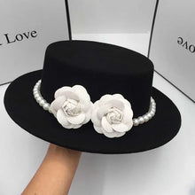 Load image into Gallery viewer, Women Wool Boater Hat Pearl Flower Decor Classic Flat Top Fedora Hat Wide Brim Church Derby Cap,French British Style
