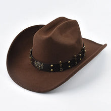 Load image into Gallery viewer, Men Women Western Cowboy Hat with Leather Vintage Big-edge Gentleman Cowgirl Hat Cloche Church Caps
