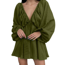 Load image into Gallery viewer, Deep V Neck Sexy Dress Temperament Retro Solid Color Pleated Dress Elegant Long Sleeve Large Size Casual Womens Dresses ropa
