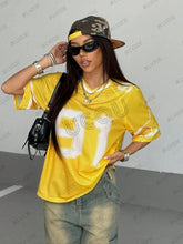 Load image into Gallery viewer, Summer New Black Speed 91 Print T-Shirt For Women V-Neck Patchwork Short Sleeve Sports Football Jersey Y2K Loose Oversized Tops
