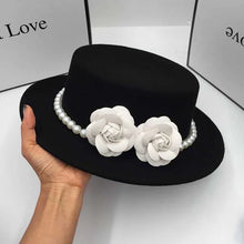 Load image into Gallery viewer, Women Wool Boater Hat Pearl Flower Decor Classic Flat Top Fedora Hat Wide Brim Church Derby Cap,French British Style
