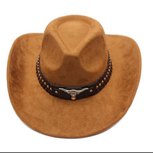 Load image into Gallery viewer, Western cowboy hat with bullhead rivets, curved brim, windproof rope, and felt for outdoor riding and jazz hats
