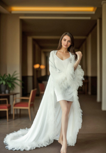 Load image into Gallery viewer, Luxury Ostrich Feather Satin Bridal Robe – White/Ivory Train, Holiday Photoshoot Gift
