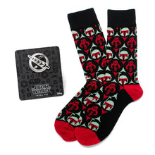 Load image into Gallery viewer, Star Wars Boba Fett and Mythosaur Black and Red Dress Socks and Crest Lapel Pin Gift Set
