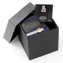 Load image into Gallery viewer, Star Wars Mandalorian and Grogu Navy Paisley Tie, Grogu Tie Bar, and Lapel Pin Gift Set
