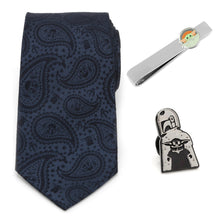 Load image into Gallery viewer, Star Wars Mandalorian and Grogu Navy Paisley Tie, Grogu Tie Bar, and Lapel Pin Gift Set
