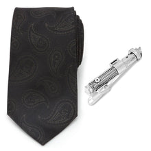 Load image into Gallery viewer, Star Wars Darth Vader LIGHTSABER Tie Clip and Black Paisley Tie – Choose the Dark Side Gift Set
