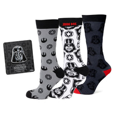 Load image into Gallery viewer, Star Wars Darth Vader Black, White, and Gray Dress Socks and Lapel Pin Gift Set
