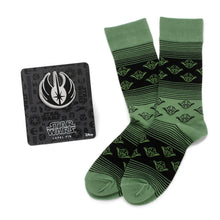 Load image into Gallery viewer, Star Wars Yoda Green and Black Ombre Pattern Dress Socks with Jedi Crest Lapel Pin
