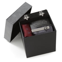 Load image into Gallery viewer, Star Wars Mandalorian Mythosaur Gray Tie, Red Pocket Square, Cufflinks, and Tie Bar Gift Set
