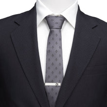 Load image into Gallery viewer, Star Wars Mandalorian Mythosaur Gray Tie, Red Pocket Square, Cufflinks, and Tie Bar Gift Set
