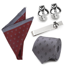 Load image into Gallery viewer, Star Wars Mandalorian Mythosaur Gray Tie, Red Pocket Square, Cufflinks, and Tie Bar Gift Set

