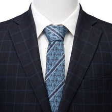 Load image into Gallery viewer, Star Wars Mandalorian and Mythosaur Blue and Navy Striped Tie

