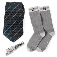 Load image into Gallery viewer, Star Wars Obi-Wan Kenobi Blue LIGHTSABER Pattern Black Tie, Tie Clip, and Gray Jedi Crest Dress Socks Gift Set
