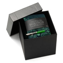 Load image into Gallery viewer, Star Wars Yoda Green and Blue Paisley Tie and LIGHTSABER Tie Clip Gift Set
