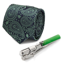 Load image into Gallery viewer, Star Wars Yoda Green and Blue Paisley Tie and LIGHTSABER Tie Clip Gift Set
