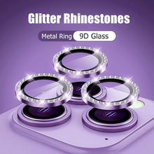Load image into Gallery viewer, Glitter Diamond Rhinestones Metal Ring Camera Tempered Glass For iPhone 11 12 13 14 Pro Max Mini Plus Lens Protector Full Cover 9H Tempered Glass Camera Lens Protector Metal Single Ring Full Coverage Camera Lens Protector
