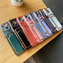 Load image into Gallery viewer, Luxury Plating Silicone Card Slot Holder Case For iPhone 14 12 13 Pro Max Elegant Women Soft Wallet Shockproof Cover Soft Bumper Beautiful Shiny Color Smartphone Case For Women
