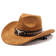 Load image into Gallery viewer, Western cowboy hat with bullhead rivets, curved brim, windproof rope, and felt for outdoor riding and jazz hats
