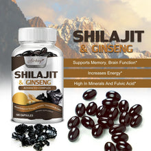 Load image into Gallery viewer, Shilajit &amp; Ginseng Supplement - Provides Energy and Endurance, Enhances Brain &amp; Memory, Immune Support - 120 Capsules
