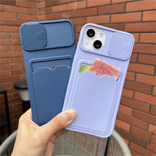 Load image into Gallery viewer, Lightweight Slide Camera Protection Card Holder Wallet Phone Case For iPhone 13 14 Pro Max 12 11 Soft Silicone Cover Soft Skin Silicone Cover Yellow Card Holder Sliding Camera Protection Cover For iPhone
