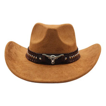 Load image into Gallery viewer, Western cowboy hat with bullhead rivets, curved brim, windproof rope, and felt for outdoor riding and jazz hats

