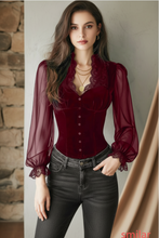 Load image into Gallery viewer, Women's Velvet &amp; Lace Trim Top V-Neck Long Sleeve Blouse
