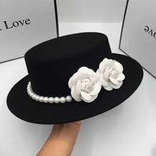 Load image into Gallery viewer, Women Wool Boater Hat Pearl Flower Decor Classic Flat Top Fedora Hat Wide Brim Church Derby Cap,French British Style
