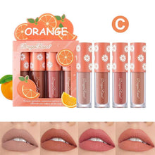 Load image into Gallery viewer, Mini Velvet Matte Lip Gloss Set 4 Piece Long Lasting Non Fading Non Stick Cup Fruit Scented Lip Tint Smooth Lightweight
