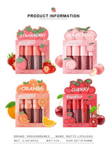Load image into Gallery viewer, Mini Velvet Matte Lip Gloss Set 4 Piece Long Lasting Non Fading Non Stick Cup Fruit Scented Lip Tint Smooth Lightweight
