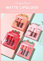 Load image into Gallery viewer, Mini Velvet Matte Lip Gloss Set 4 Piece Long Lasting Non Fading Non Stick Cup Fruit Scented Lip Tint Smooth Lightweight
