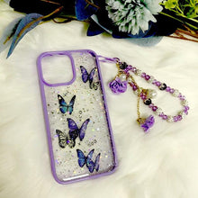 Load image into Gallery viewer, Butterfly Phone Case for iPhone 14 Pro Max 13 12 11 XS XR X 7 8 plus Glitter Clear Covers Bracelet With Lady Pendant Non Moving Dry Fixed Glitter Luxury Shiny Butterfly Wrist Bracelet Chain Soft Silicone Case For Smartphone
