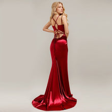 Load image into Gallery viewer, Sexy Deep V neck tie back mermaid silky satin prom dress
