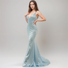 Load image into Gallery viewer, Sexy Deep V neck tie back mermaid silky satin prom dress
