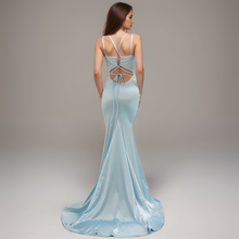 Load image into Gallery viewer, Sexy Deep V neck tie back mermaid silky satin prom dress
