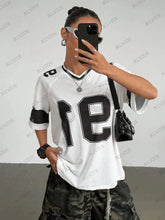 Load image into Gallery viewer, Summer New Black Speed 91 Print T-Shirt For Women V-Neck Patchwork Short Sleeve Sports Football Jersey Y2K Loose Oversized Tops
