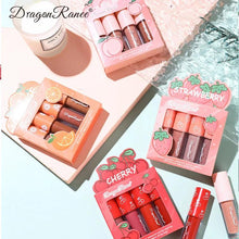 Load image into Gallery viewer, Mini Velvet Matte Lip Gloss Set 4 Piece Long Lasting Non Fading Non Stick Cup Fruit Scented Lip Tint Smooth Lightweight
