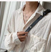 Load image into Gallery viewer, Shirts for men Apricot Handsome Lapel Men Blouse Vacation Hollow Out Sexy Fashion Men Clothing Male Mesh Long-sleeved Shirts
