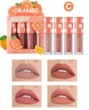 Load image into Gallery viewer, Mini Velvet Matte Lip Gloss Set 4 Piece Long Lasting Non Fading Non Stick Cup Fruit Scented Lip Tint Smooth Lightweight
