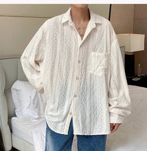 Load image into Gallery viewer, Shirts for men Apricot Handsome Lapel Men Blouse Vacation Hollow Out Sexy Fashion Men Clothing Male Mesh Long-sleeved Shirts
