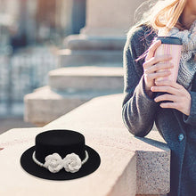 Load image into Gallery viewer, Women Wool Boater Hat Pearl Flower Decor Classic Flat Top Fedora Hat Wide Brim Church Derby Cap,French British Style
