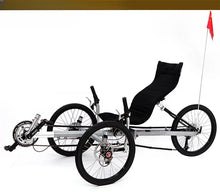 Load image into Gallery viewer, Lying on a tricycle, 3 shifting disc brakes, folding on a recumbent bike, casual commuting, riding a recumbent bicycle

