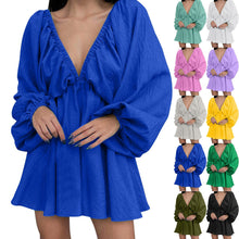 Load image into Gallery viewer, Deep V Neck Sexy Dress Temperament Retro Solid Color Pleated Dress Elegant Long Sleeve Large Size Casual Womens Dresses ropa
