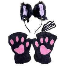 Load image into Gallery viewer, 5Pcs Sets Cat Paw Gloves Winter Cute Cartoon Girl Open Finger Gloves Bell Headband Fox Cat Ear Headwear
