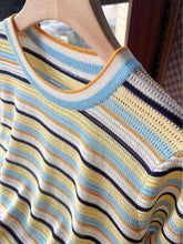Load image into Gallery viewer, Short-Sleeve Rainbow Striped Knit Top with Round Neck | NCS
