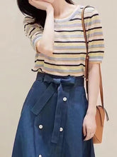 Load image into Gallery viewer, Short-Sleeve Rainbow Striped Knit Top with Round Neck | NCS
