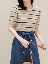 Load image into Gallery viewer, Short-Sleeve Rainbow Striped Knit Top with Round Neck | NCS
